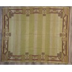 Art Nouveau tablecloth/bedspread with a geometric border in burgundy, gold, and green—first half of the 20th century