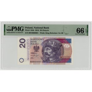 20 zlotych, 2016, BW series 9000001, attractive serial number, PMG 66 EPQ