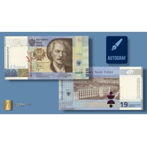 19 złotych 2019, 100 rocznica powstania PWPW, Ignacy Paderewski, Autograf projektantki Justyny Kopeckiej oraz Krystiana Michalczuka