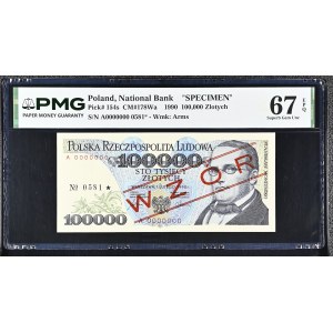 100,000 zlotys, 1990, Series A 0000000, No. 0581*, SPECIMEN, PMG 67 EPQ, 2nd highest grade