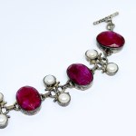 Silver bracelet with large natural rubies and pearls