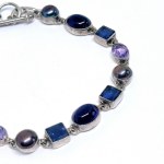 Silver bracelet with natural amethysts, iolites, and pearls
