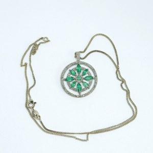 Silver Necklace with Emeralds and 0.08 Ct Diamonds
