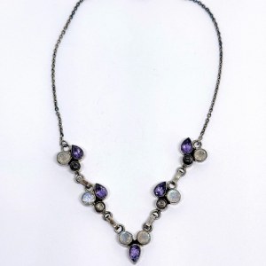 Patinated silver necklace with natural amethysts, moonstones, and quartz