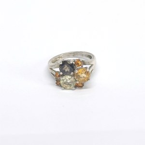 Silver ring with natural citrines, smoky quartz, and prasiolite