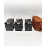 Three Kodak Brownie cameras (2 Model E, 1 Model D), one in a case