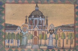 Nikifor Krynicki (1895 Krynica Zdrój - 1968 Folusz), Przed świątynią, lata 50. XX w.