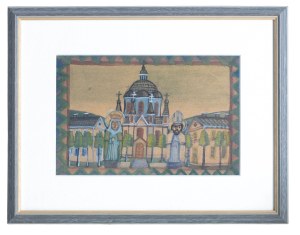 Nikifor Krynicki (1895 Krynica Zdrój - 1968 Folusz), Przed świątynią, lata 50. XX w.