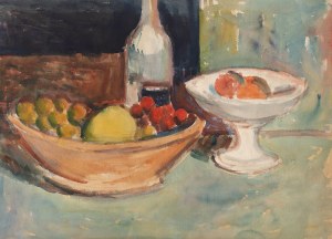 Abraham Weinbaum (1890 Kamieniec Podolski - 1943 Sobibór), Martwa natura z owocami i butelką/ Martwa natura z mandoliną, (praca dwustronna), ok. 1935