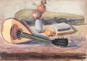 Abraham Weinbaum (1890 Kamieniec Podolski - 1943 Sobibór), Martwa natura z owocami i butelką/ Martwa natura z mandoliną, (praca dwustronna), ok. 1935