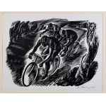 RACZYŃSKI, Stanisław (1903–1982). Woodcut. Bicycle Race. Sports in Prints—1954 [very rare, 15x21 cm]