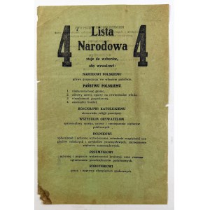 Propaganda leaflet. The 4th National List is running in the election to fight for: fair social welfare and a reduction in public burdens, jobs and reform of the social security system, compliance by Germans and Ukrainians with the laws of the Polish State