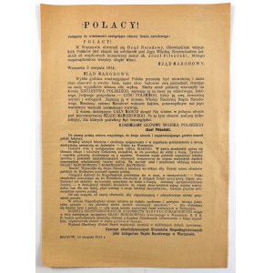 Propaganda leaflet. Poles. A National Government has been formed in Warsaw. It is the duty of all Poles to unite in solidarity under its authority. Józef Piłsudski has been appointed commander of the Polish armed forces, and everyone must obey his orders 