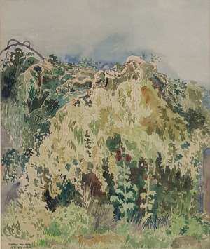 Jadwiga Trzcińska, Pejzaż z malwami, 1953 r.