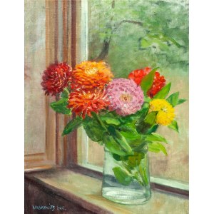 Erzsébet Vaskovics, Blumen im Fenster mit Blick auf den Garten