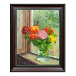 Erzsébet Vaskovics, Blumen im Fenster mit Blick auf den Garten