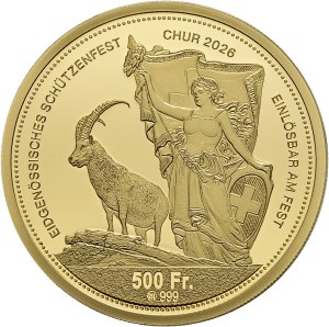 Schweiz - Graubünden - 500 Franken 2026, Schützentaler - Chur, Eidgenössisches Schützenfest - NGC PF 70 ULTRA CAMEO - Switzerland, 500 Francs Swiss Shooting Thaler