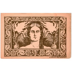 Anna Gramatyka-Ostrowska: T.S.L. Woman with Two Torches, lithograph, ca. 1910, Art Nouveau