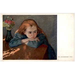 Jan Januszewski, pinx. 7. Girl Leaning Against a Table, color print, ca. 1910