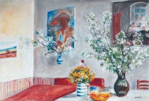 Aneri Irena Weissowa (1888-1981), Wnętrze mieszkania artystki z kwiatami i portretem Wojciecha Weissa