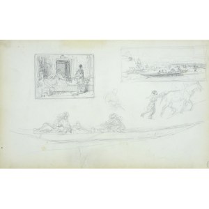Stanisław Chlebowski (1835-1884), Szkice obrazów w miniaturze - scena rodzajowa i pejzaż z łodzią na rzece oraz łodzi z postaciami