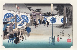 Utagawa Hiroshige (1797 - 1858), Seki - wczesny odjazd daimyo, z serii: Pięćdziesiąt trzy stacje na gościńcu Tōkaidō, wyd. Yuyudo, Tokio/Japonia, okres Showa, po 1960 r.