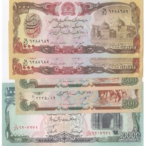 Afghanistan, 500 Afghanis (2), 1.000 Afghanis (2) and 10.000 Afghanis, 1990/1993, UNC, (Total 5 banknotes)