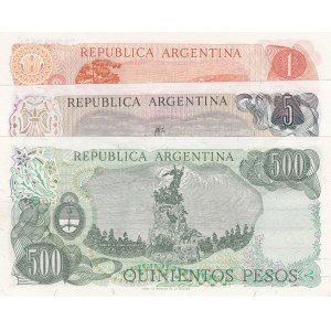 Argentina, 1 Peso, 5 Pesos Argentinos and 500 Pesos, 1974/1993, UNC, p293, p303c, p314, (Total 3 banknotes)