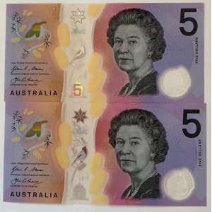 Australia, 5 Dollars, 2016, UNC, p62a, TWIN SERIAL NUMBERS, (Total 2 banknotes)