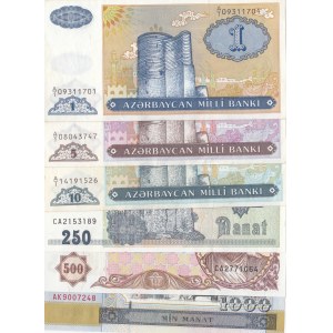 Azerbaijan, 1 Manat, 5 Manat, 10 Manat, 250 Manat, 500 Manat and 1.000 Manat, 1992/2001, AUNC/ UNC, p13, p14, p15, p16, p19, p23, (Total 6 banknotes)