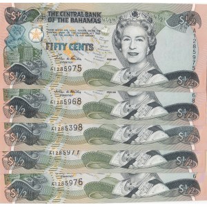 Bahamas, 50 Cents, 2001, UNC, p68, (Total 5 banknotes)