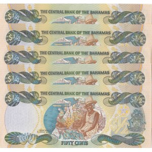 Bahamas, 50 Cents, 2001, UNC, p68, (Total 5 banknotes)