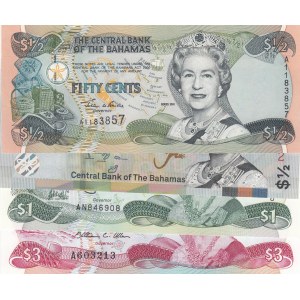 Bahamas, 50 Cents, 1/2 Dollar, 1, Dollar and 3 Dollars, 2001/2019, UNC, (Total 4 banknotes)
