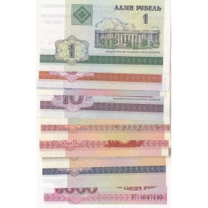 Belarus, 1 Ruble, 5 Ruble (2), 10 Ruble (2), 25 Ruble, 50 Ruble, 100 Ruble, 1.000 Ruble and 5.000 Ruble, 1992/2000, UNC, (Total 10 banknotes)