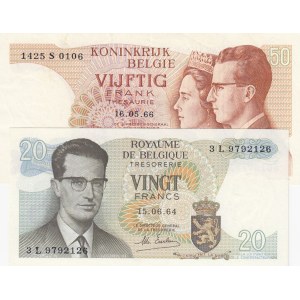 Belgium, 20 Francs and 50 Francs, 1964/1966, XF/AUNC, p138, p139b, (Total 2 banknotes)