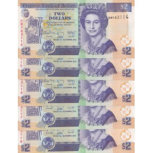 Belize, 2 Dollars, 2014, UNC, p66e, (Total 5 consecutive banknotes)