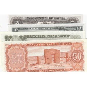 Bolivia, 5 Bolivianos, 10 Bolivianos (2) and 50 Bolivianos, 1945/1962, UNC, (Total 4 banknotes)