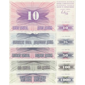 Bosnia-Herzegovina, 10 Dinara, 25 Dinara, 50 Dinara, 100 Dinara and 1.000 Dinara, 1992, UNC, p10…p15, (Total 5 banknotes)