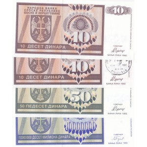 Bosnia Herzegovina, 10 Dinara (2), 50 Dinara and 10.000.000 Dinara, 1992/1993, UNC, p133, p134, p144, (Total 4 banknotes)