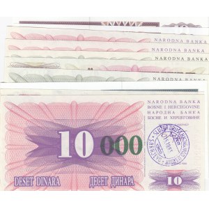 Bosnia Herzegovina, 10 Dinara (4), 100 Dinara (2), 500 Dinara, 1000 Dinara, 10000 Dinara, 50000 Dinara and 100000 Dinara, 1992, UNC, (Total 12 banknotes)