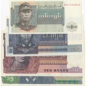 Burma, 1 Kyat, 5 Kyats, 10 Kyats and 15 Kyats, 1972, UNC, p56, p57, p58, p62, (Total 4 banknotes)