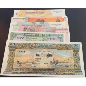 Kambodia, 50 Riels, 100 Riels (2), 500 Riels, Cambodge, 1 Riel, 50 Riels, 2001/2014, UNC, (Total 6 banknotes)