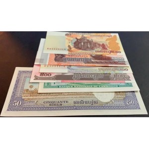 Kambodia, 50 Riels, 100 Riels (2), 500 Riels, Cambodge, 1 Riel, 50 Riels, 2001/2014, UNC, (Total 6 banknotes)