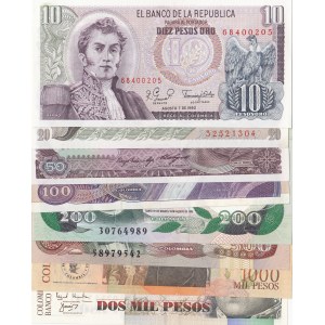 Colombia, 10 Pesos, 20 Pesos, 50 Pesos, 100 Pesos, 200 Pesos and  500 Pesos, 1977/2010, UNC, (Total 9 banknotes)
