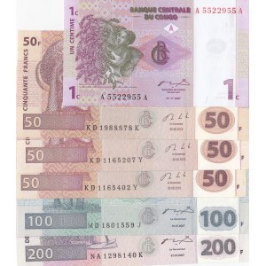 Congo, 1 Centime, 50 Francs (3), 100 Francs and 200 Francs, 1997/2013, UNC, (Total 6 banknotes)