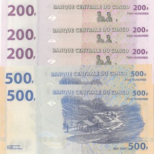 Congo Democratik Republic, 200 Francs (3) and 500 Francs (2), 2013, UNC, p96, p99, (Total 5 consecutive banknotes)