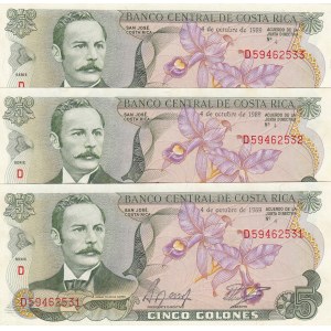 Costa Rica, 5 Colones, 1989, UNC, p236d, (Total 3 consecutive banknotes)