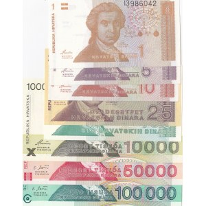 Croatia, 1 Dinara, 5 Dinara, 10 Dinara, 25 Dinara, 100 Dinara, 10.000 Dinara, 50.000 Dinara and 100.000 Dinara, 1991/1993, UNC, (Total 8 banknotes)