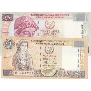 Cyprus, 1 Pound and 5 Pounds, 2003/2004, UNC, p60d, p61b, (Total 2 banknotes)