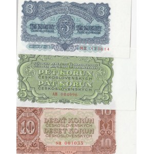 Czechoslovakia, 3 Koruny, 5 Korun and 10 Korun, 1953, UNC, p79, p80, p83, (Total 3 banknotes)